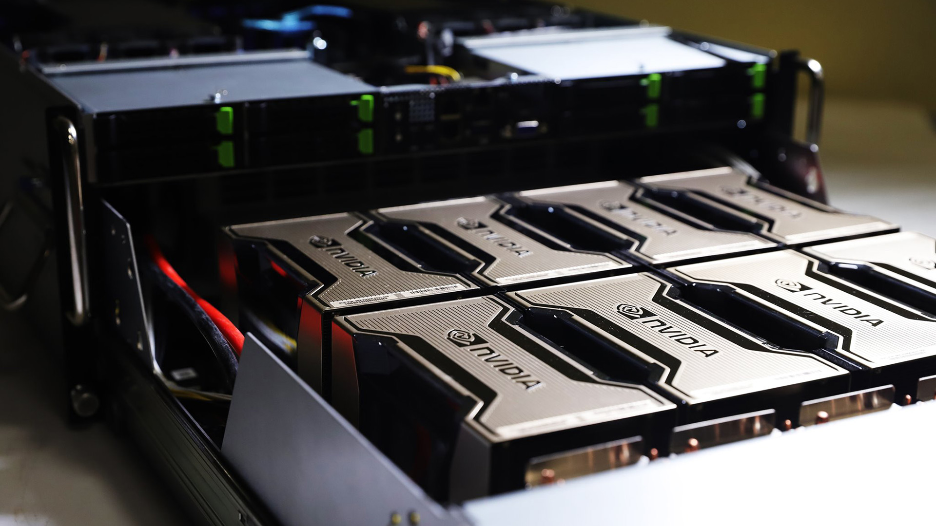 A server rack containing several NVIDIA A100 Tensor Core GPUs